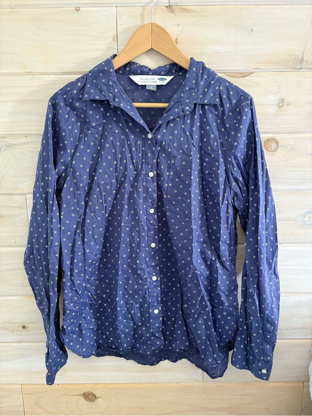 Old Navy Women’s Navy Blue Button-Down Shirt with Small White Motif